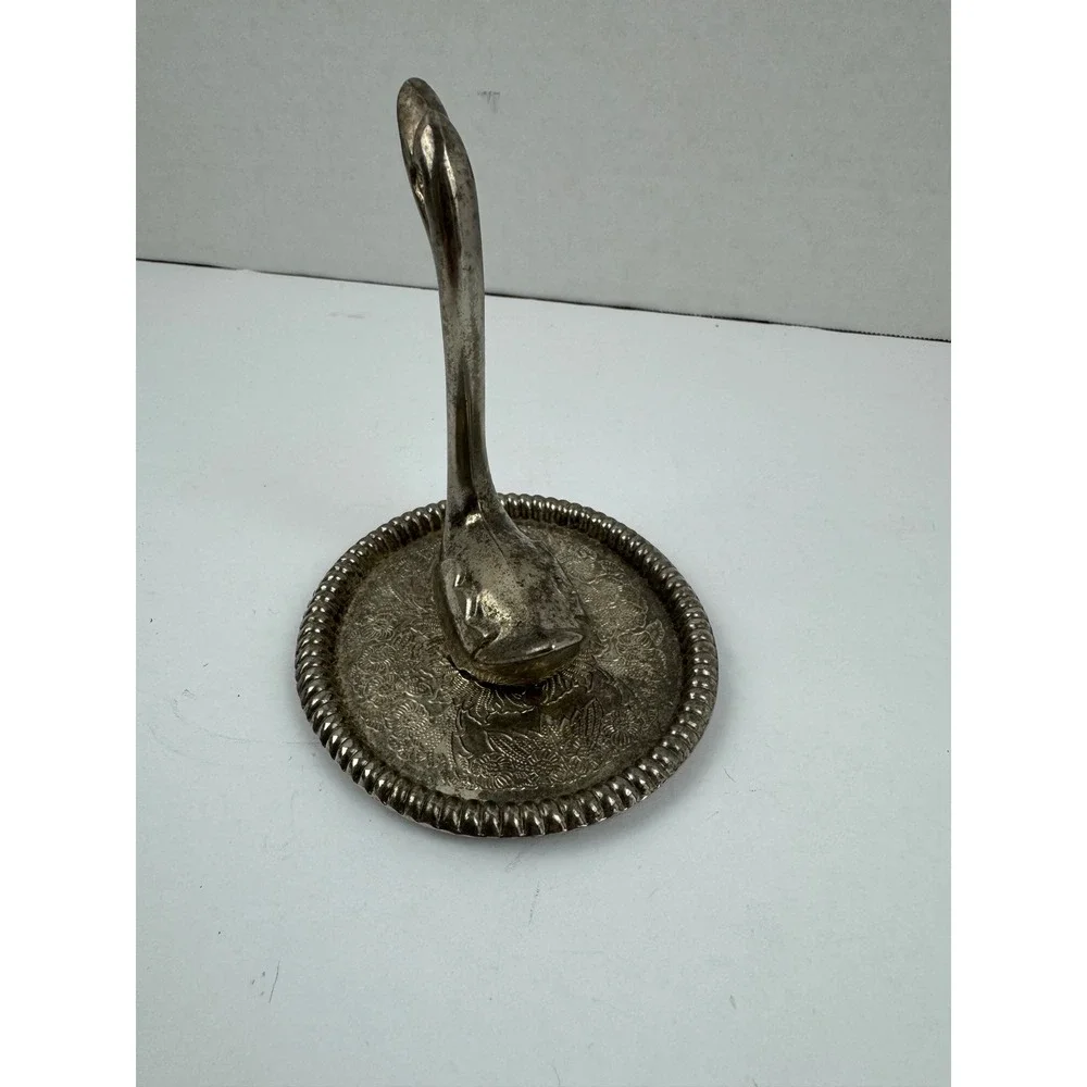Vintage Silver Tone Swan Ring Holder Engraved Floral Base Jewelry Dish 4 Inch